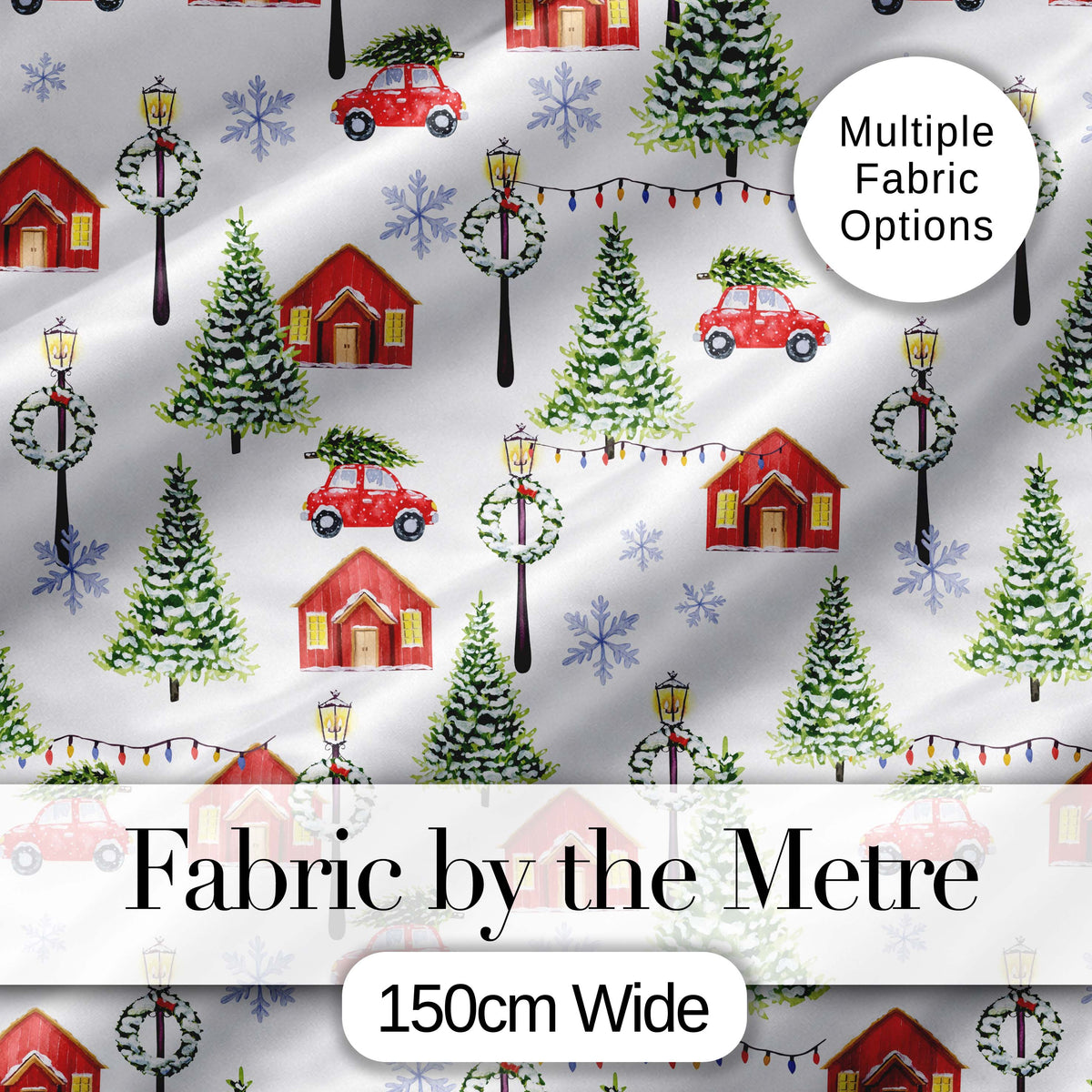 Watercolor Winter Village Houses Trees Cars Snow Seamless Pattern Digital Print Fabric by the Metre UK Sewing Quilting Textile