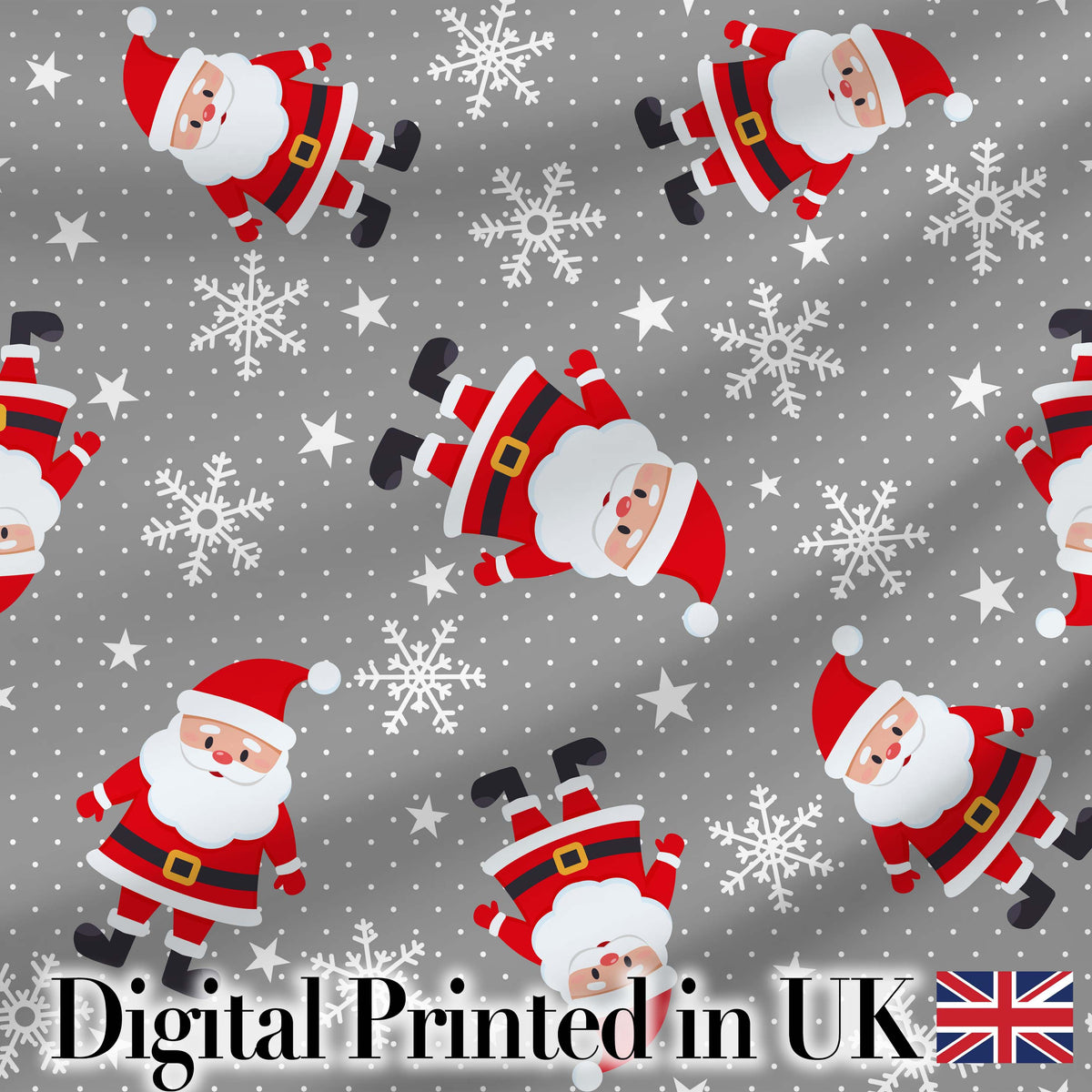 Cute Santa Claus Snowflakes Grey Background Seamless Pattern Digital Print Fabric by the Metre UK Sewing Quilting Textile