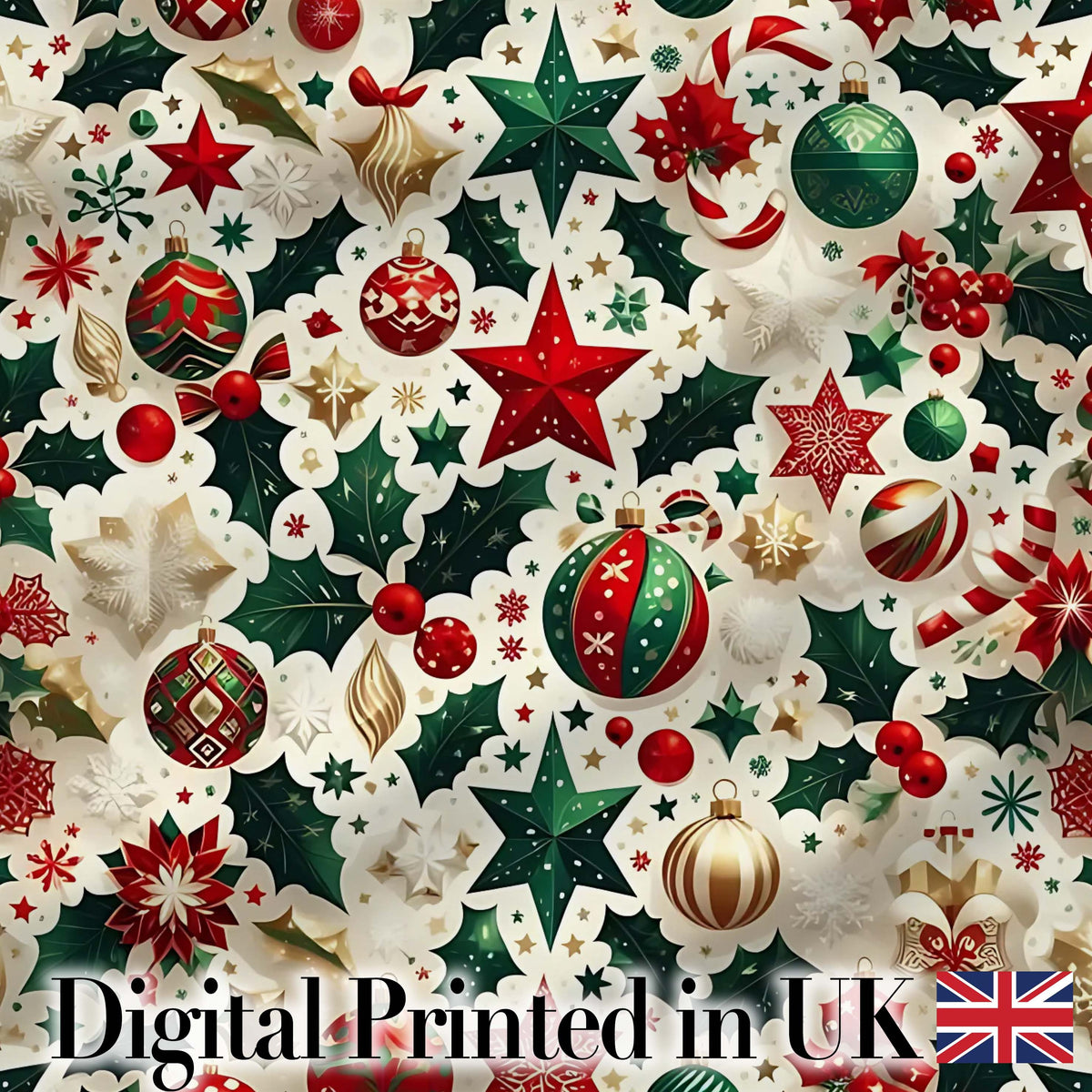 Festive Christmas Stars Ornaments Holly Leaves Seamless Pattern Digital Print Fabric by the Metre UK Sewing Quilting Textile