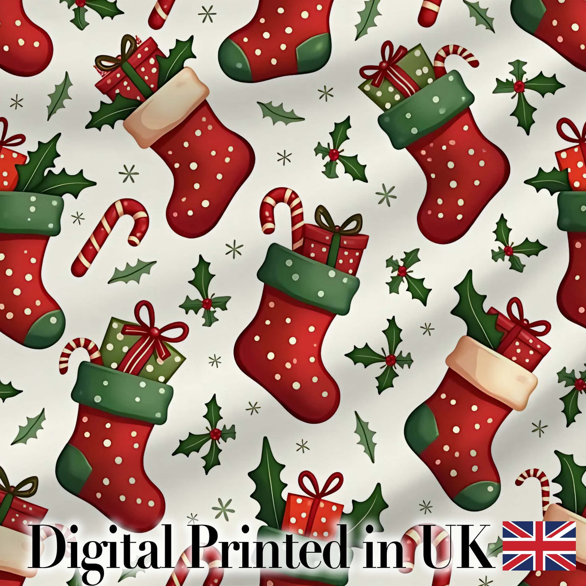 Cute Christmas Stockings Gifts Candy Cane Holly Seamless Pattern Digital Print Fabric by the Metre UK Sewing Quilting Textile