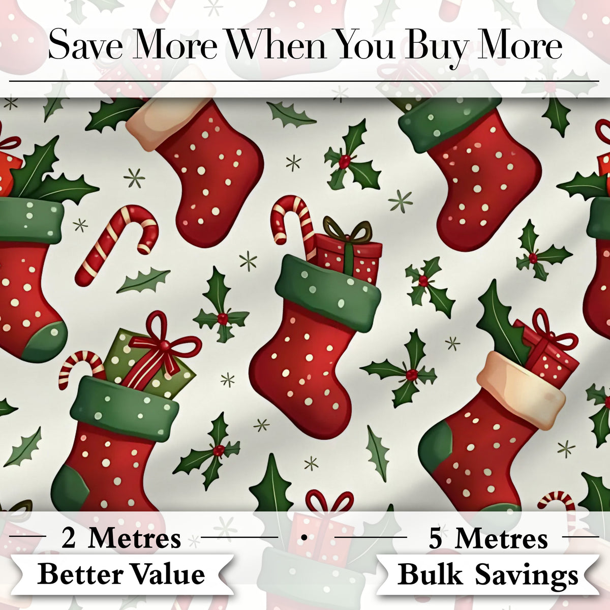 Cute Christmas Stockings Gifts Candy Cane Holly Seamless Pattern Digital Print Fabric by the Metre UK Sewing Quilting Textile