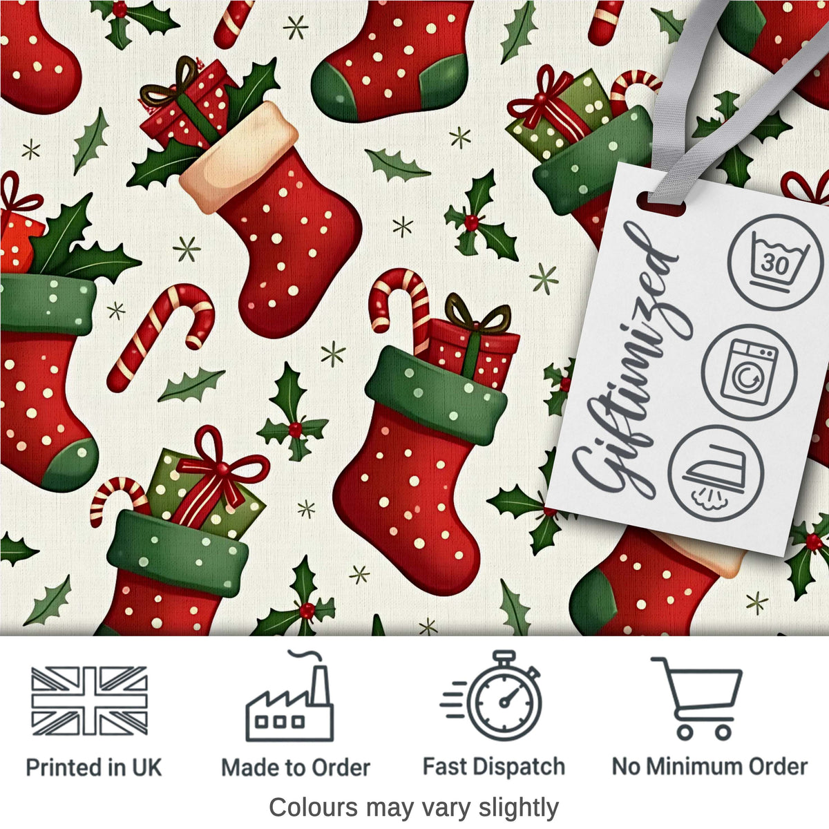 Cute Christmas Stockings Gifts Candy Cane Holly Seamless Pattern Digital Print Fabric by the Metre UK Sewing Quilting Textile