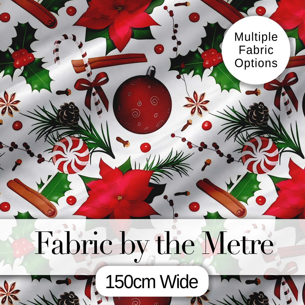 Festive Poinsettia Holly Candy Cane Cinnamon Seamless Pattern Digital Print Fabric by the Metre UK Sewing Quilting Textile