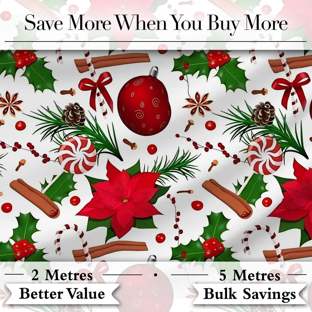 Festive Poinsettia Holly Candy Cane Cinnamon Seamless Pattern Digital Print Fabric by the Metre UK Sewing Quilting Textile