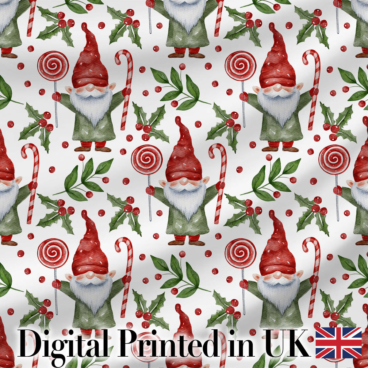 Watercolor Christmas Gnome Candy Cane Lollipop Seamless Pattern Digital Print Fabric by the Metre UK Sewing Quilting Textile