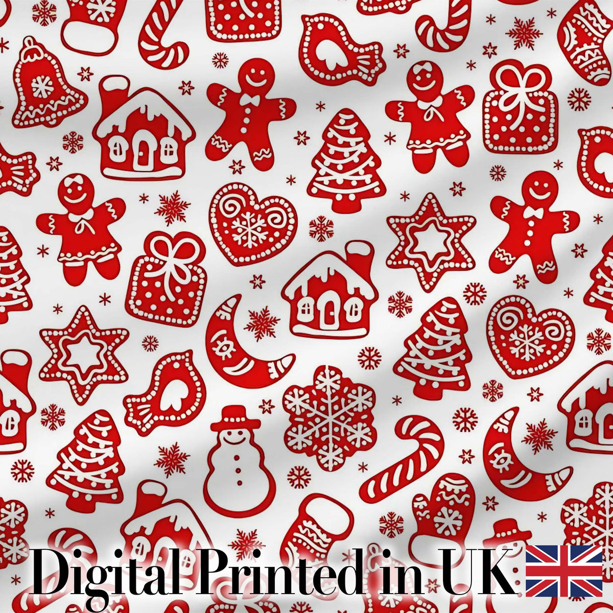 Red Christmas Gingerbread Snowflake Seamless Pattern Digital Print Fabric by the Metre UK Sewing Quilting Textile