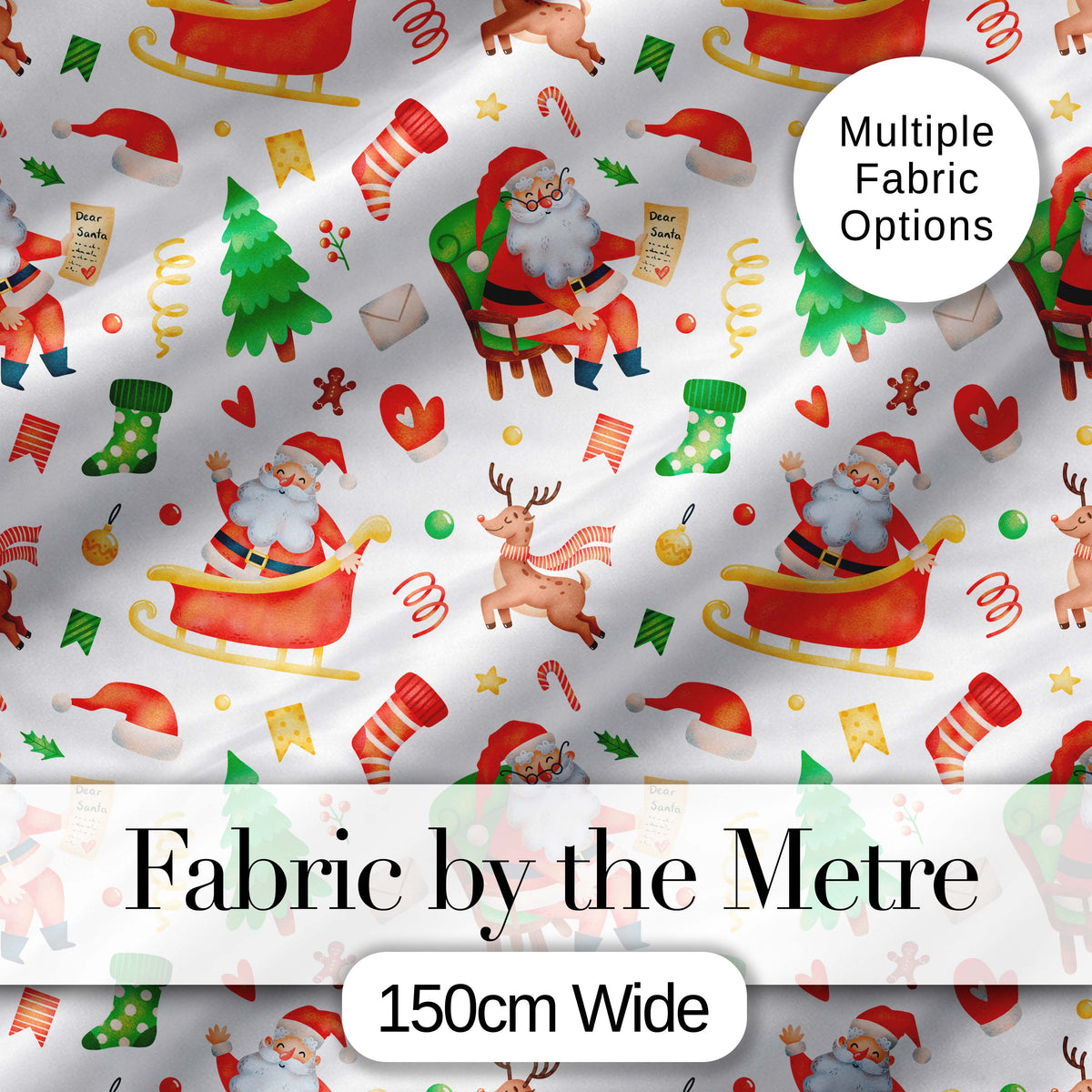 Cute Santa Sleigh Reindeer Socks Gifts Seamless Pattern Digital Print Fabric by the Metre UK Sewing Quilting Textile
