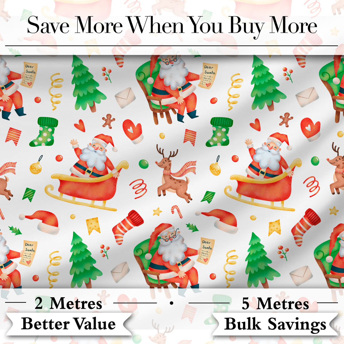 Cute Santa Sleigh Reindeer Socks Gifts Seamless Pattern Digital Print Fabric by the Metre UK Sewing Quilting Textile