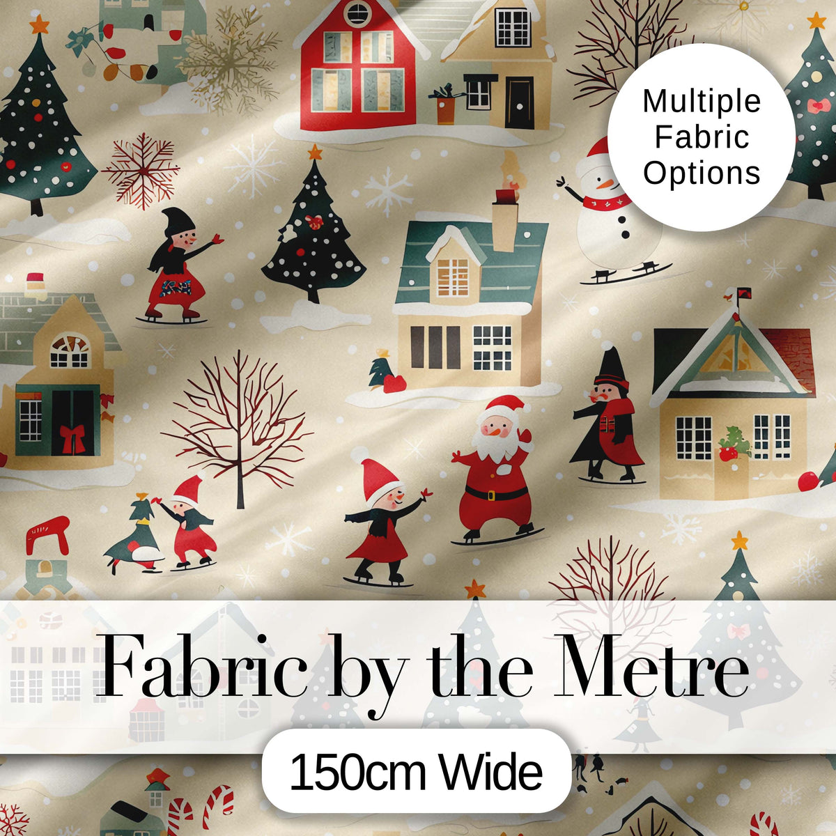 Vintage Christmas Village Snowman Santa Winter Scene Seamless Pattern Digital Print Fabric by the Metre UK Sewing Quilting Textile