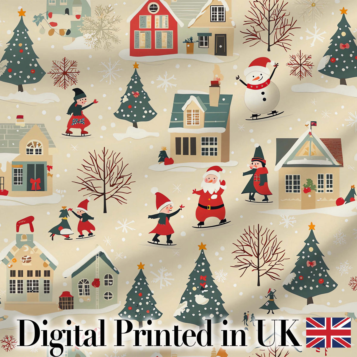 Vintage Christmas Village Snowman Santa Winter Scene Seamless Pattern Digital Print Fabric by the Metre UK Sewing Quilting Textile