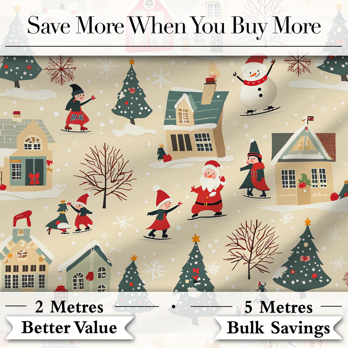 Vintage Christmas Village Snowman Santa Winter Scene Seamless Pattern Digital Print Fabric by the Metre UK Sewing Quilting Textile