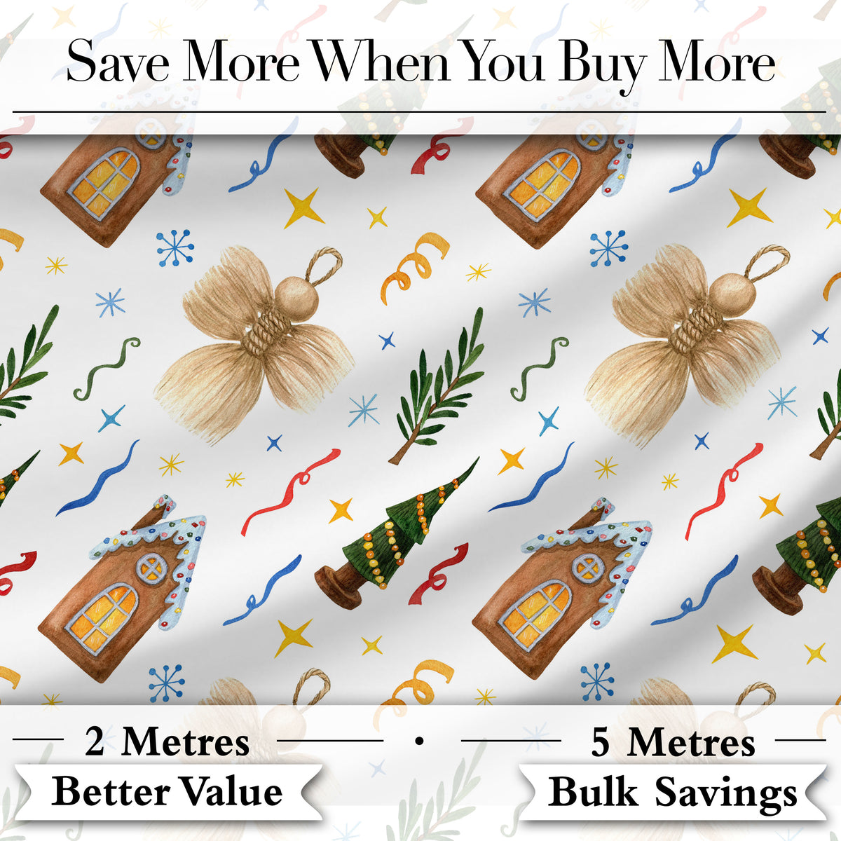 Rustic Christmas Angel House Tree Stars Seamless Pattern Digital Print Fabric by the Metre UK Sewing Quilting Textile