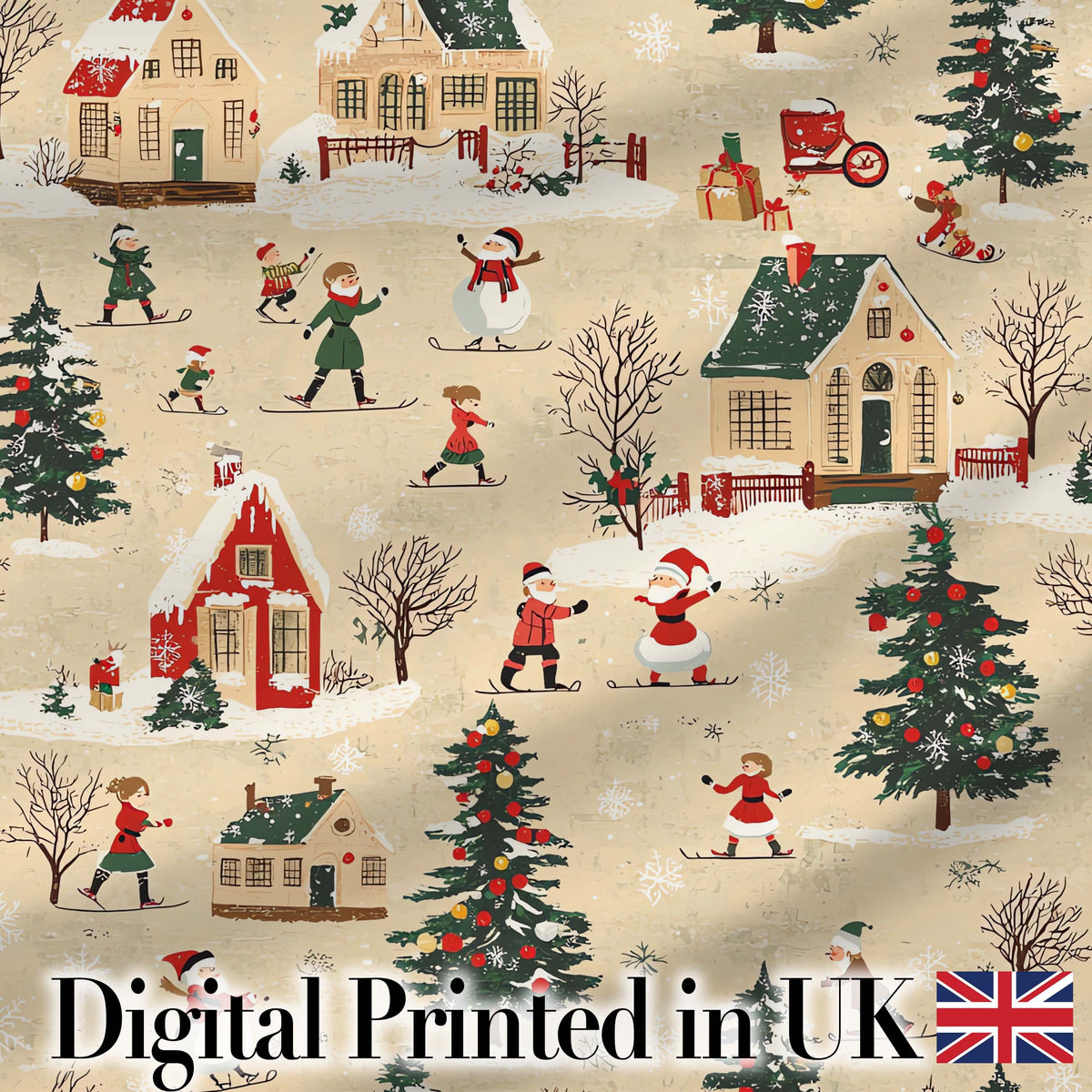 Classic Winter Village Ice Skating Christmas Scene Seamless Pattern Digital Print Fabric by the Metre UK Sewing Quilting Textile