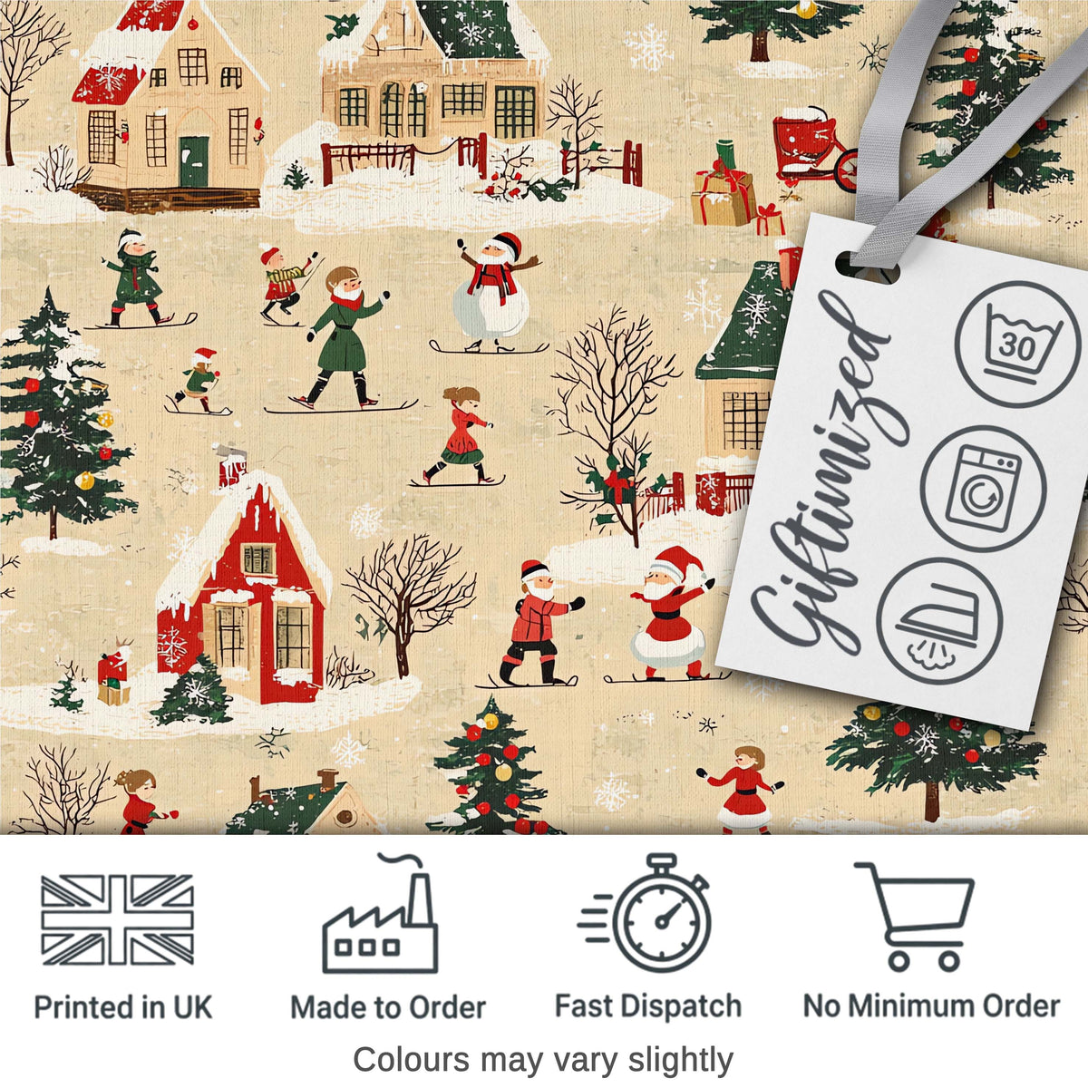 Classic Winter Village Ice Skating Christmas Scene Seamless Pattern Digital Print Fabric by the Metre UK Sewing Quilting Textile