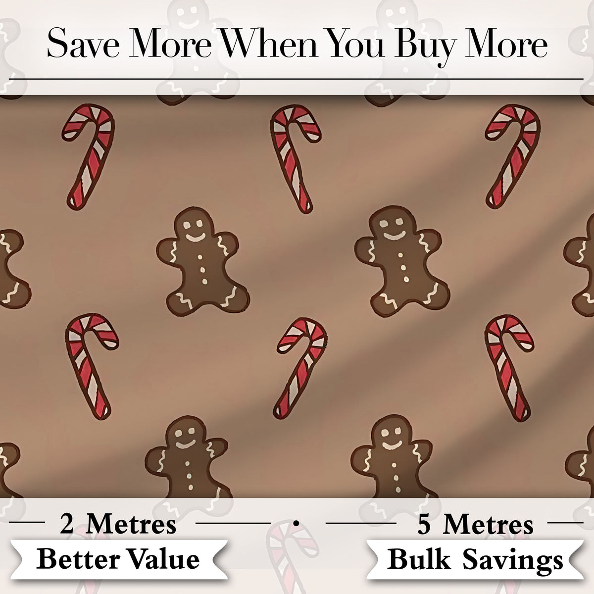 Gingerbread Man Candy Cane Brown Christmas Seamless Pattern Digital Print Fabric by the Metre UK Sewing Quilting Textile