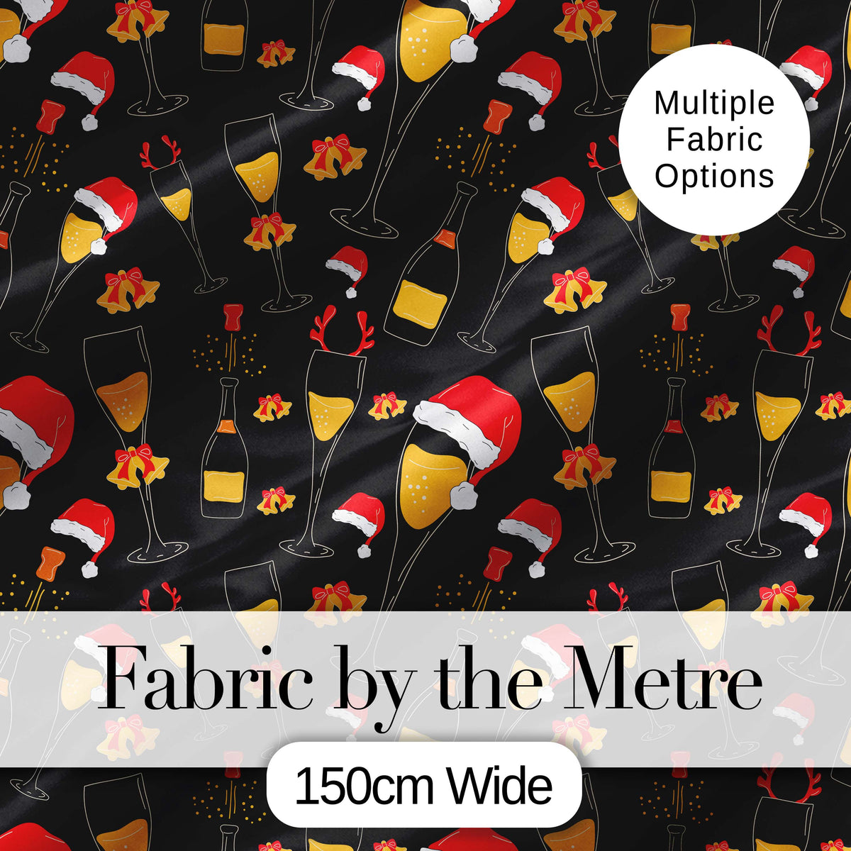Festive Champagne Glass Santa Hat Bells Seamless Pattern Digital Print Fabric by the Metre UK Sewing Quilting Textile