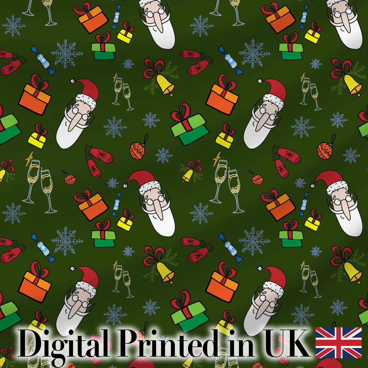 Santa Claus Gifts Mittens Champagne Glass Snowflakes Festive Seamless Pattern Digital Print Fabric by the Metre UK Sewing Quilting Textile