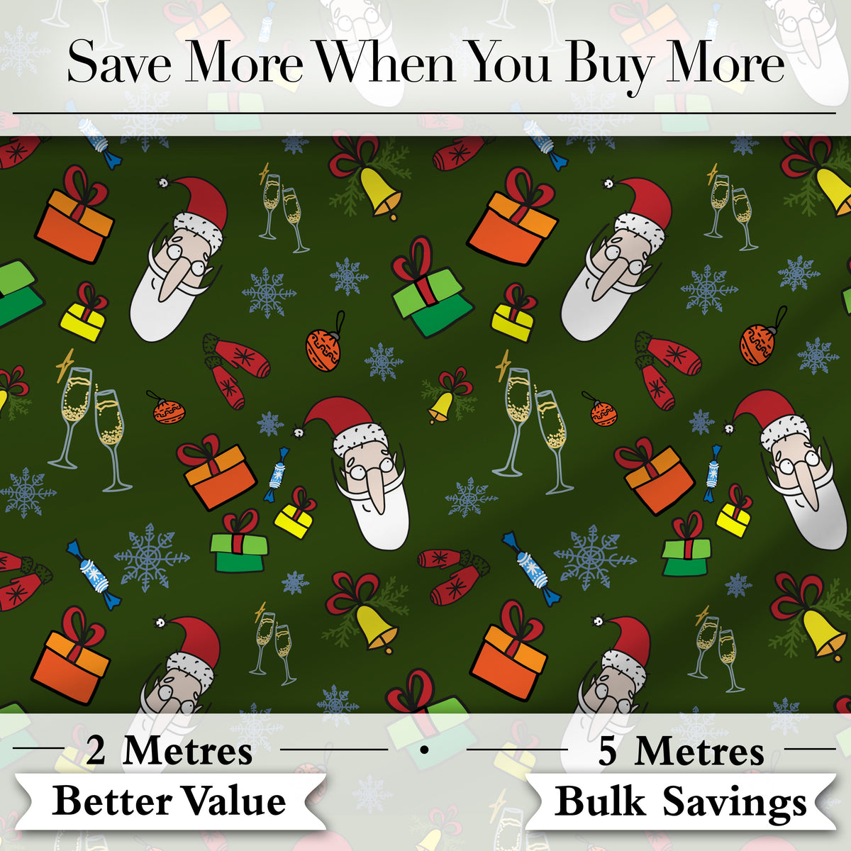 Santa Claus Gifts Mittens Champagne Glass Snowflakes Festive Seamless Pattern Digital Print Fabric by the Metre UK Sewing Quilting Textile