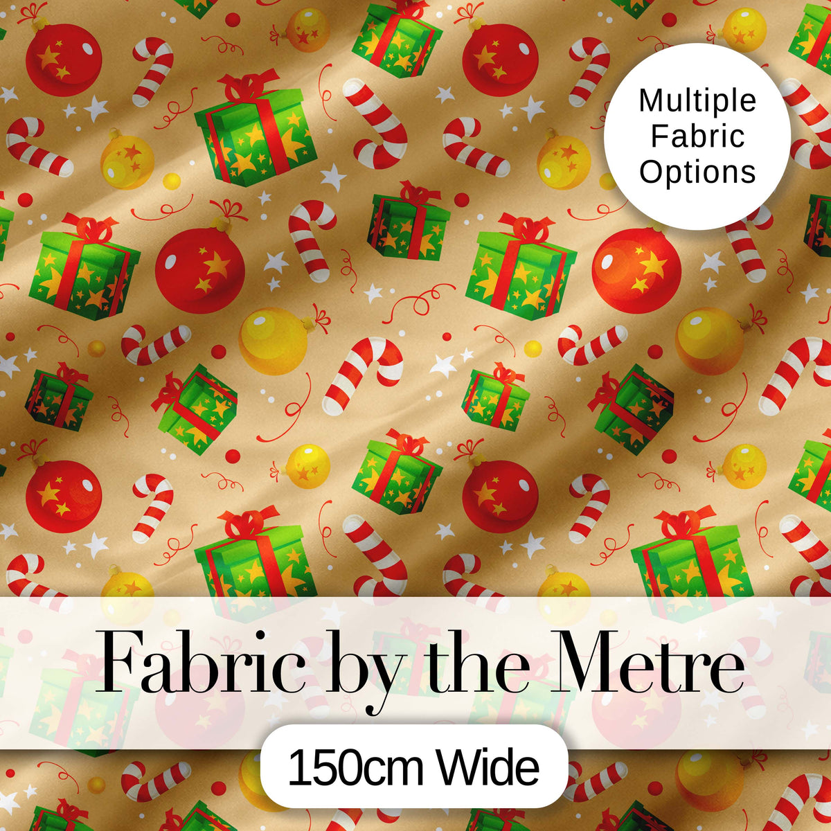Christmas Baubles Candy Cane Gift Boxes Ornaments Festive Seamless Pattern Digital Print Fabric by the Metre UK Sewing Quilting Textile