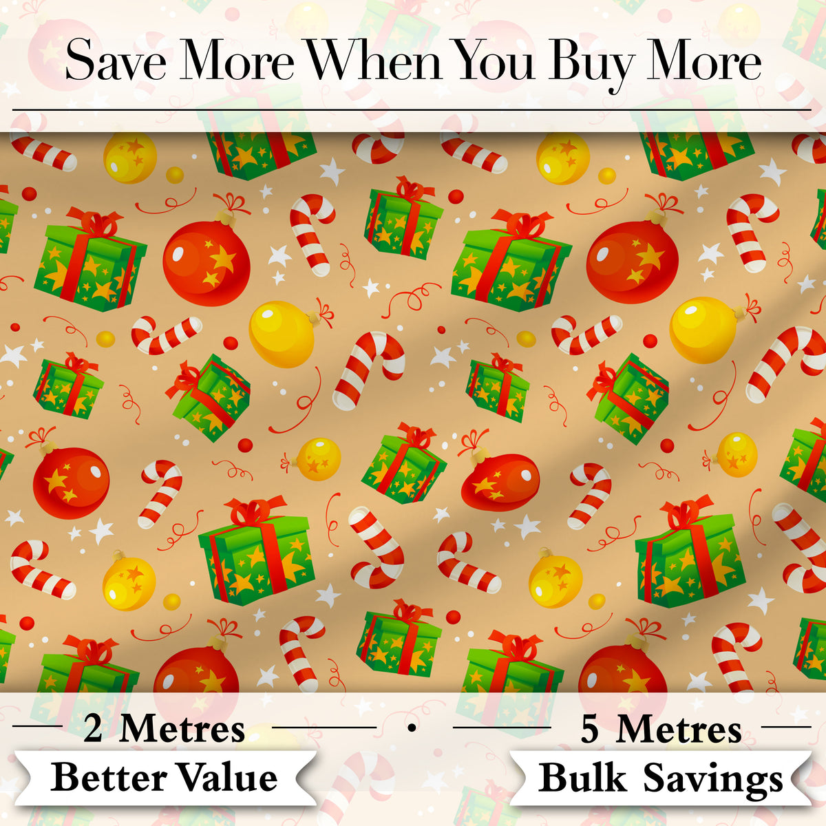 Christmas Baubles Candy Cane Gift Boxes Ornaments Festive Seamless Pattern Digital Print Fabric by the Metre UK Sewing Quilting Textile