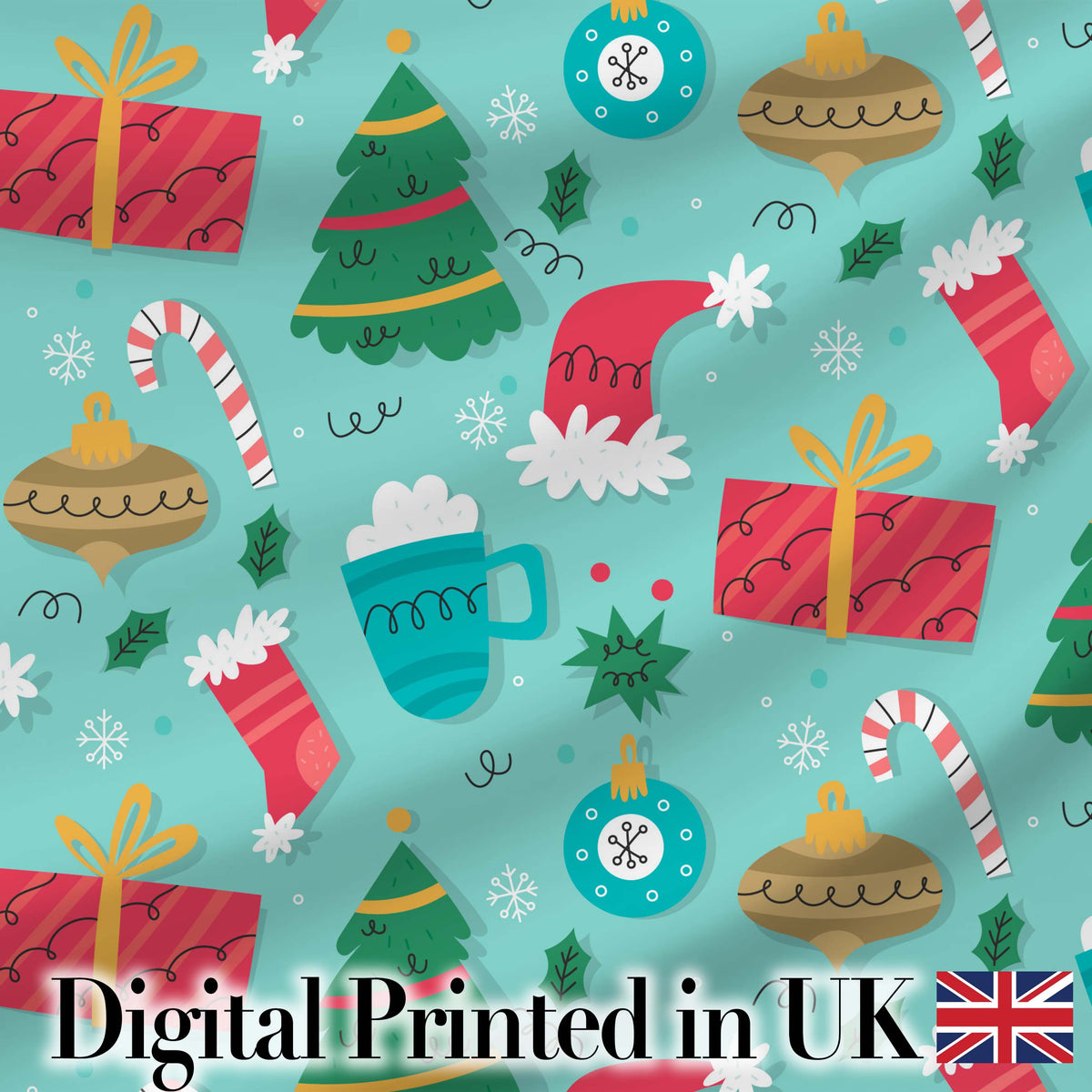 Christmas Tree Baubles Gifts Mug Candy Cane Festive Holiday Seamless Pattern Digital Print Fabric by the Metre UK Sewing Quilting Textile