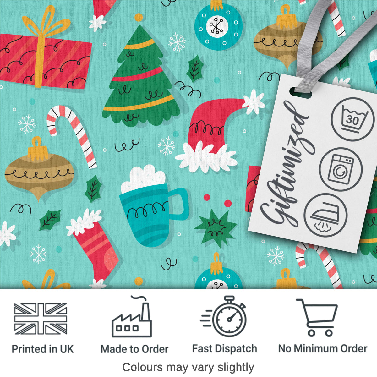 Christmas Tree Baubles Gifts Mug Candy Cane Festive Holiday Seamless Pattern Digital Print Fabric by the Metre UK Sewing Quilting Textile