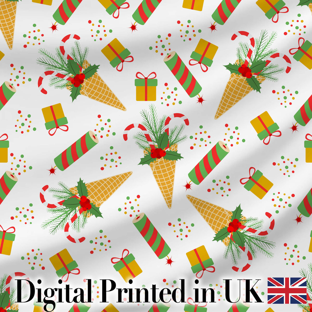 Festive Ice Cream Cones Holly Candy Cane Christmas Cheer Seamless Pattern Digital Print Fabric by the Metre UK Sewing Quilting Textile