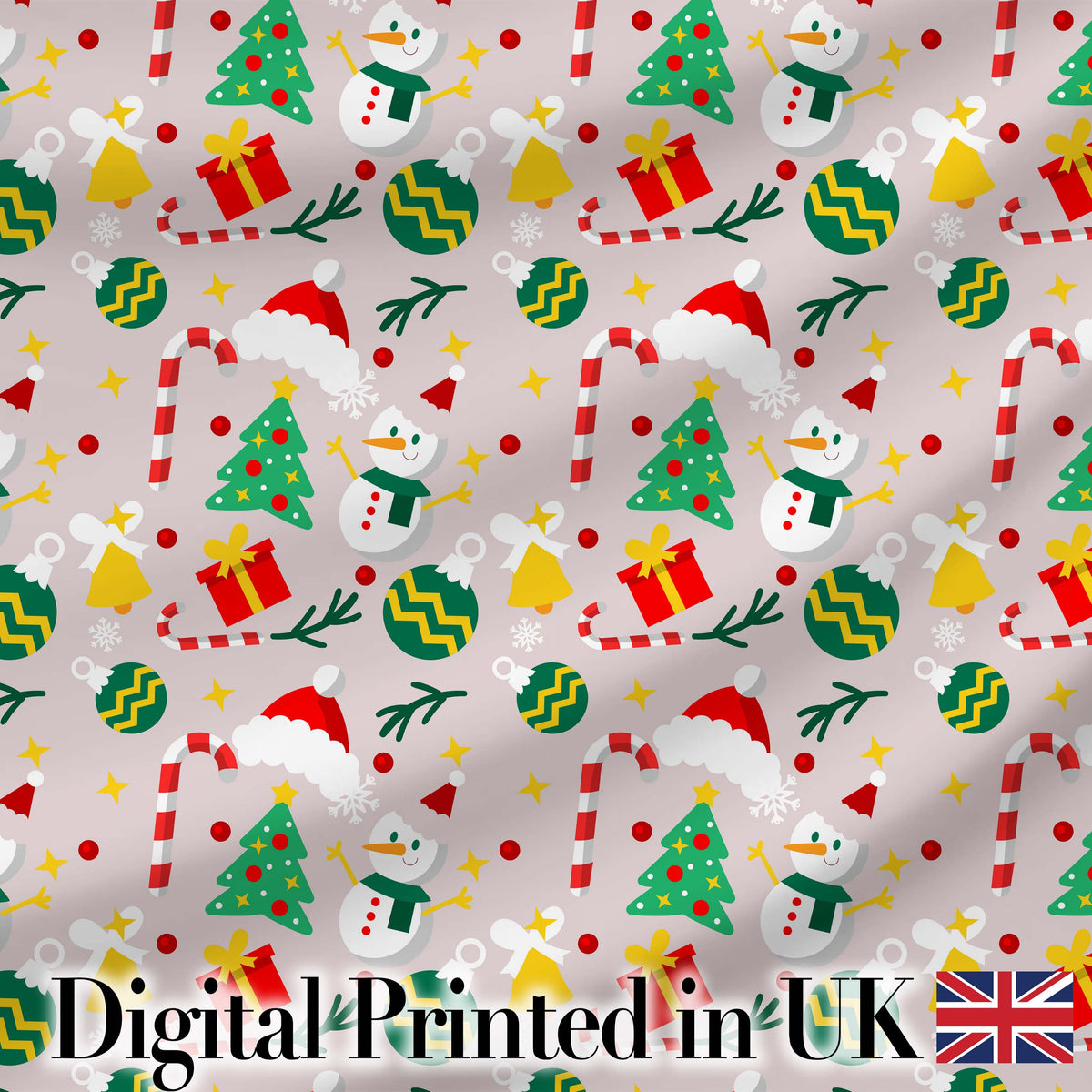 Cute Snowman Tree Candy Cane Ornaments Holiday Seamless Pattern Digital Print Fabric by the Metre UK Sewing Quilting Textile