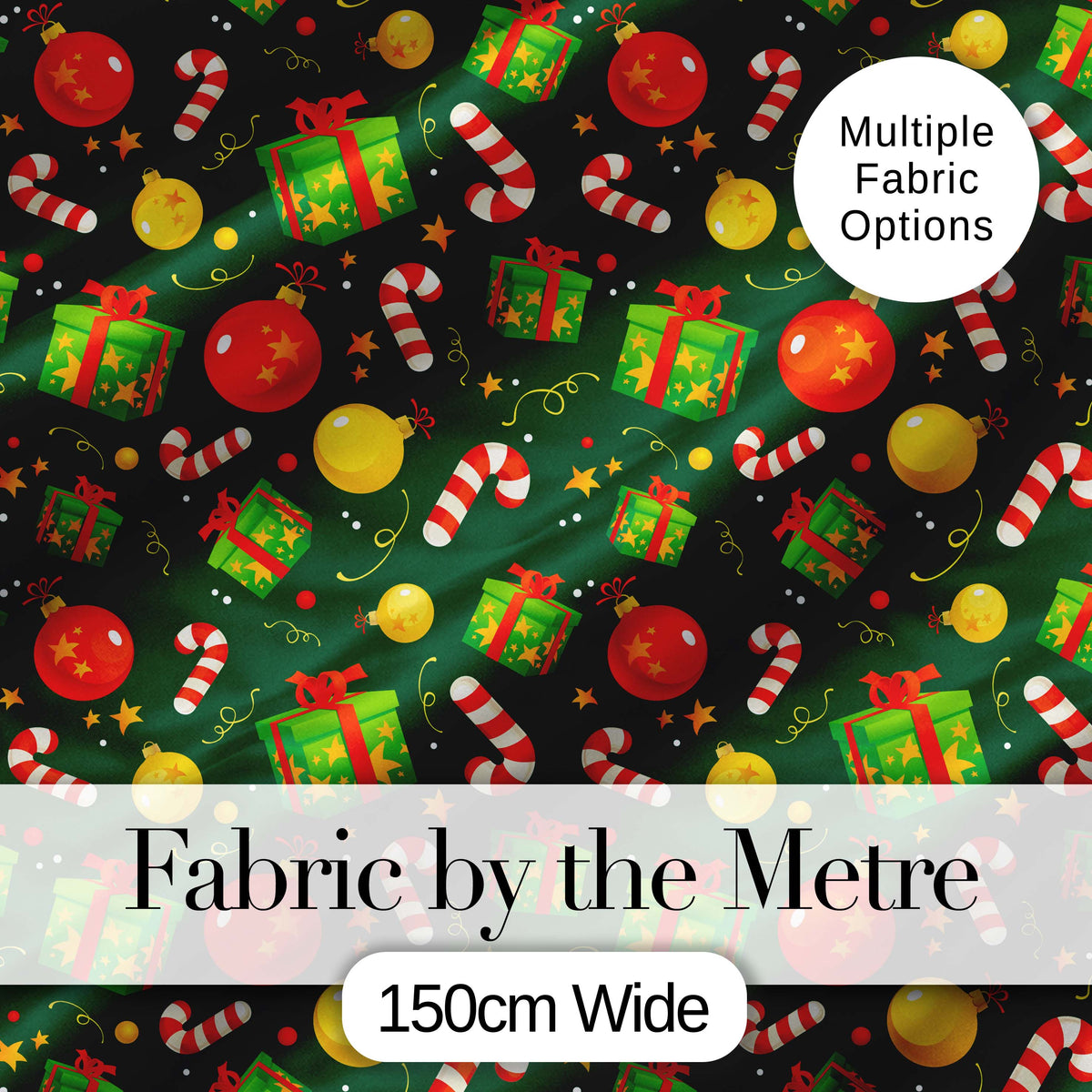 Green Christmas Gifts Baubles Candy Cane Festive Holiday Seamless Pattern Digital Print Fabric by the Metre UK Sewing Quilting Textile