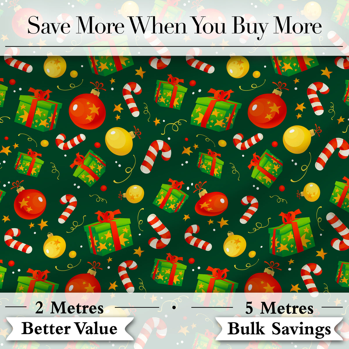 Green Christmas Gifts Baubles Candy Cane Festive Holiday Seamless Pattern Digital Print Fabric by the Metre UK Sewing Quilting Textile