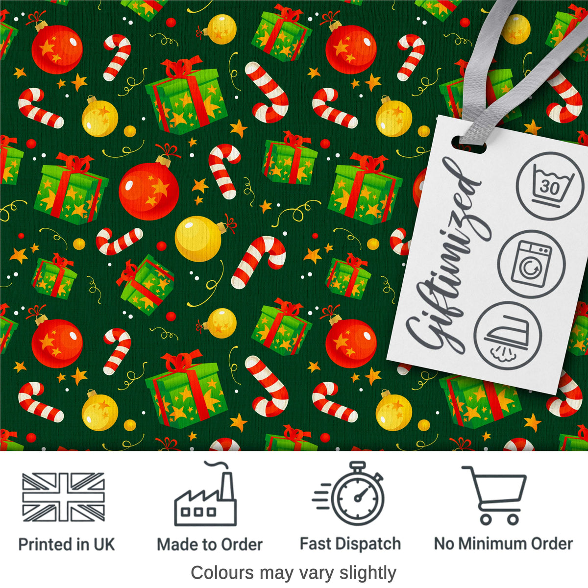 Green Christmas Gifts Baubles Candy Cane Festive Holiday Seamless Pattern Digital Print Fabric by the Metre UK Sewing Quilting Textile