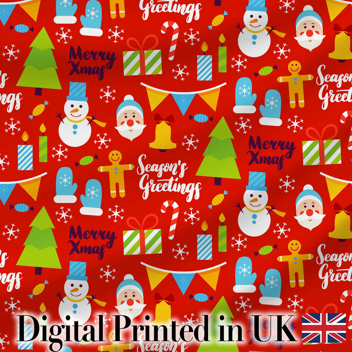 Merry Xmas Greetings Santa Snowman Gingerbread Holiday Seamless Pattern Digital Print Fabric by the Metre UK Sewing Quilting Textile