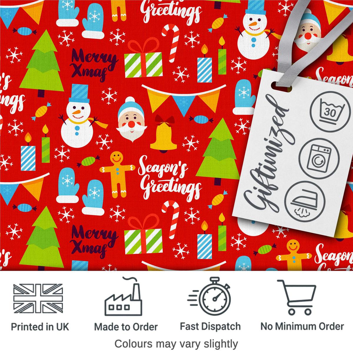Merry Xmas Greetings Santa Snowman Gingerbread Holiday Seamless Pattern Digital Print Fabric by the Metre UK Sewing Quilting Textile