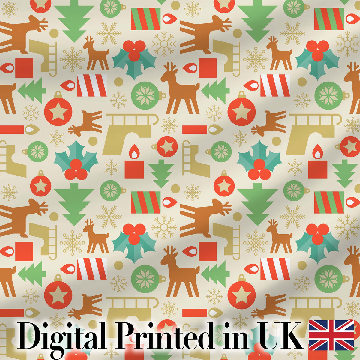 Scandinavian Reindeer Trees Ornaments Christmas Seamless Pattern Digital Print Fabric by the Metre UK Sewing Quilting Textile