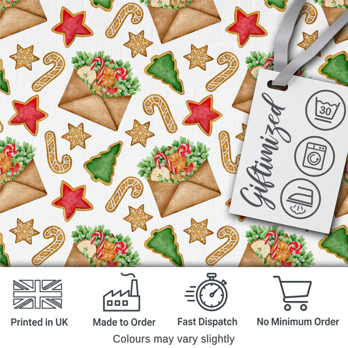 Watercolor Christmas Cookies Candy Cane Festive Treats Seamless Pattern Digital Print Fabric by the Metre UK Sewing Quilting Textile