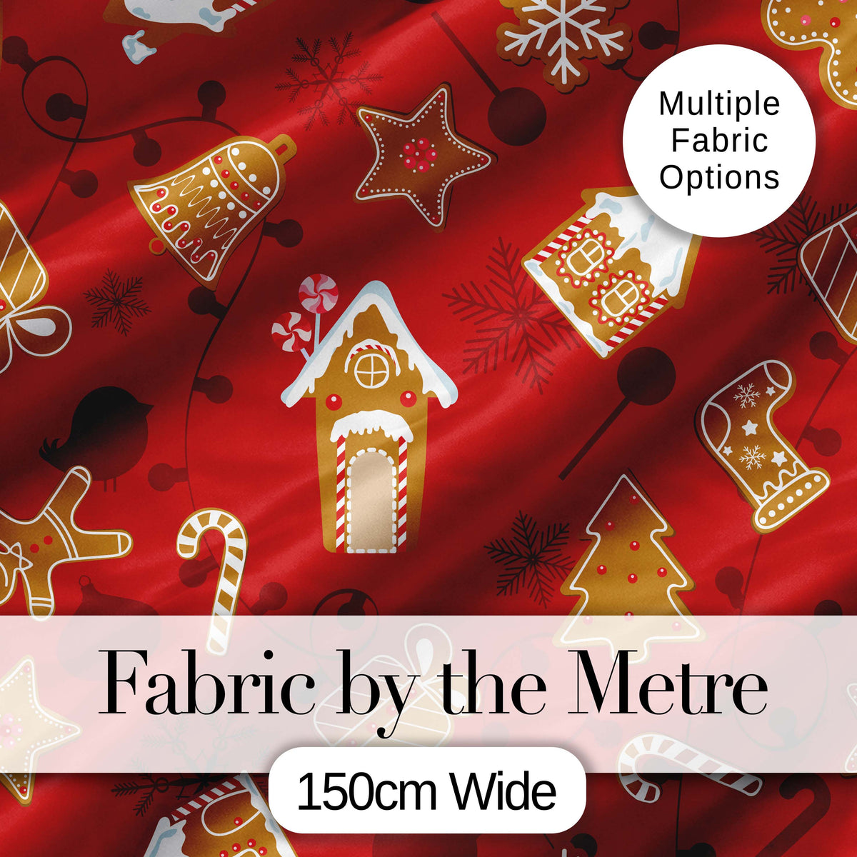 Gingerbread House Candy Cane Cookies Red Festive Seamless Pattern Digital Print Fabric by the Metre UK Sewing Quilting Textile