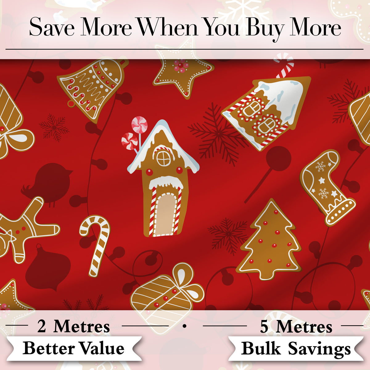 Gingerbread House Candy Cane Cookies Red Festive Seamless Pattern Digital Print Fabric by the Metre UK Sewing Quilting Textile