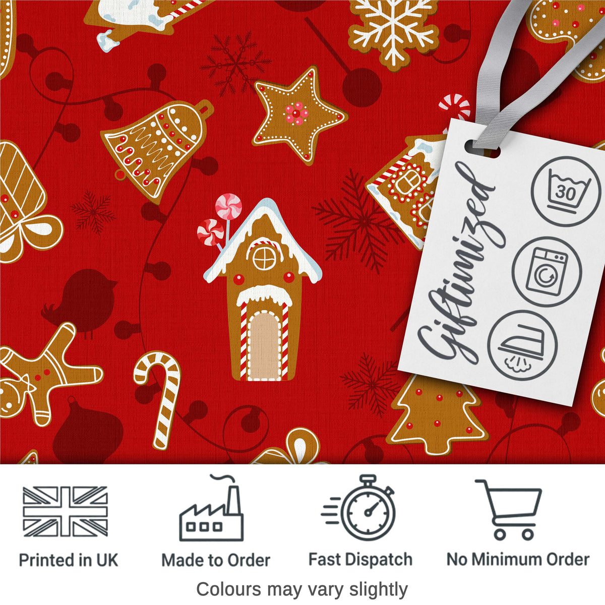 Gingerbread House Candy Cane Cookies Red Festive Seamless Pattern Digital Print Fabric by the Metre UK Sewing Quilting Textile