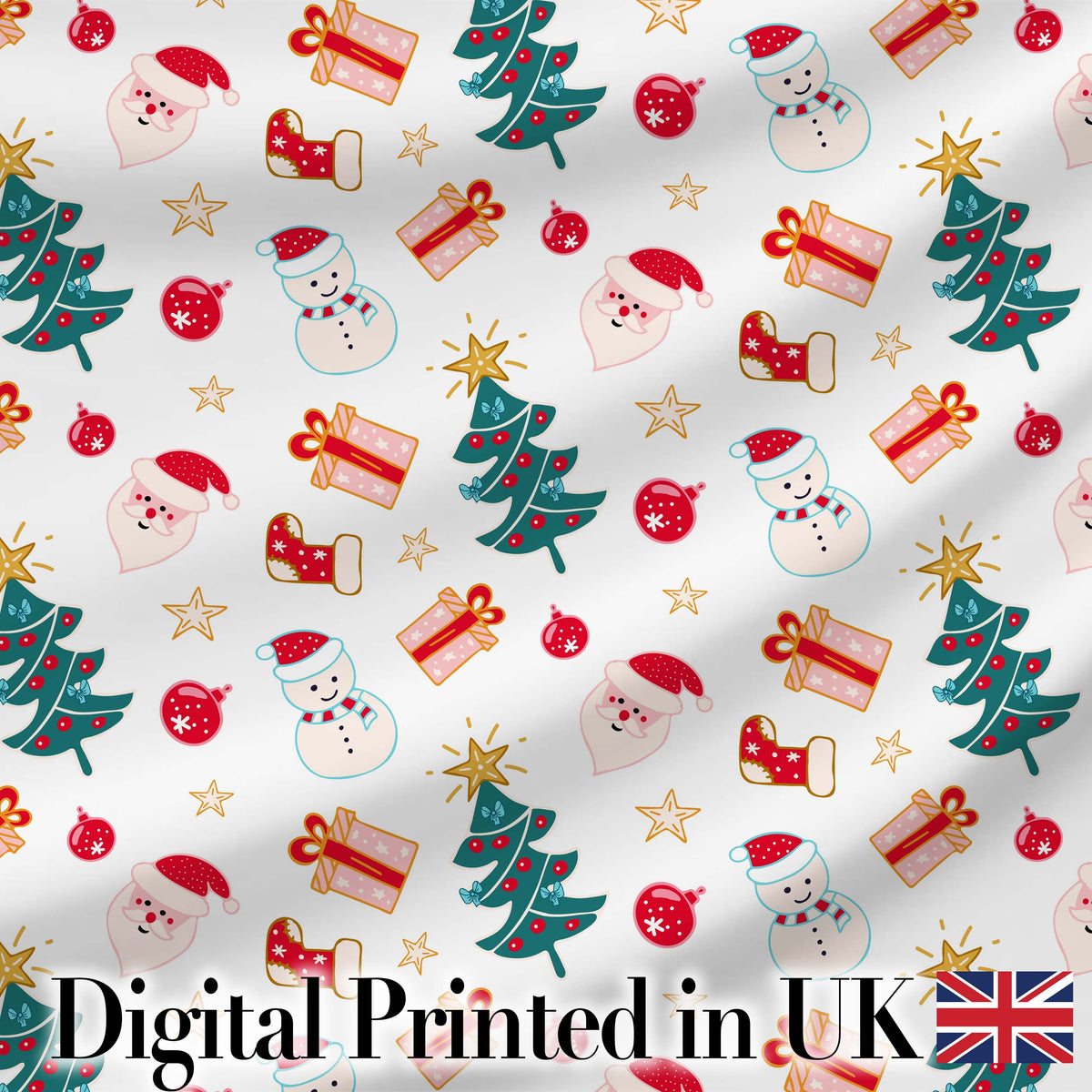 Cute Snowman Santa Tree Gifts Stars Holiday Seamless Pattern Digital Print Fabric by the Metre UK Sewing Quilting Textile