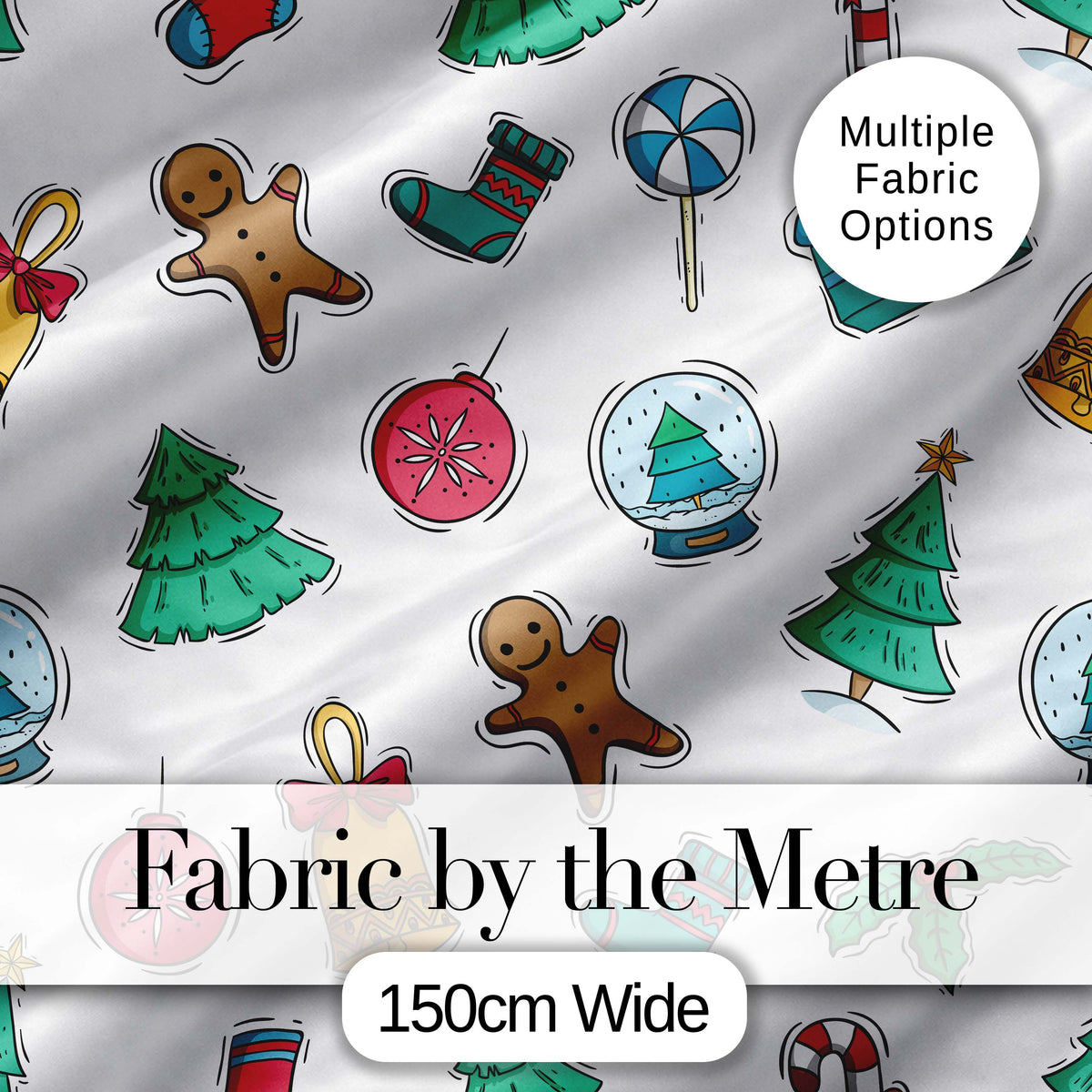 Cute Gingerbread Cookie Ornament Bell Tree Seamless Pattern Digital Print Fabric by the Metre UK Sewing Quilting Textile