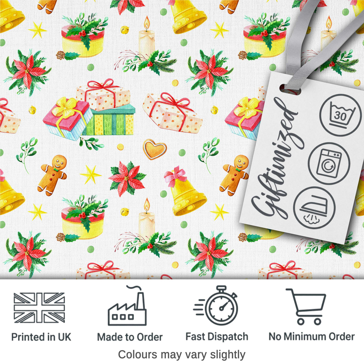 Watercolor Christmas Gifts Candle Poinsettia Seamless Pattern Digital Print Fabric by the Metre UK Sewing Quilting Textile