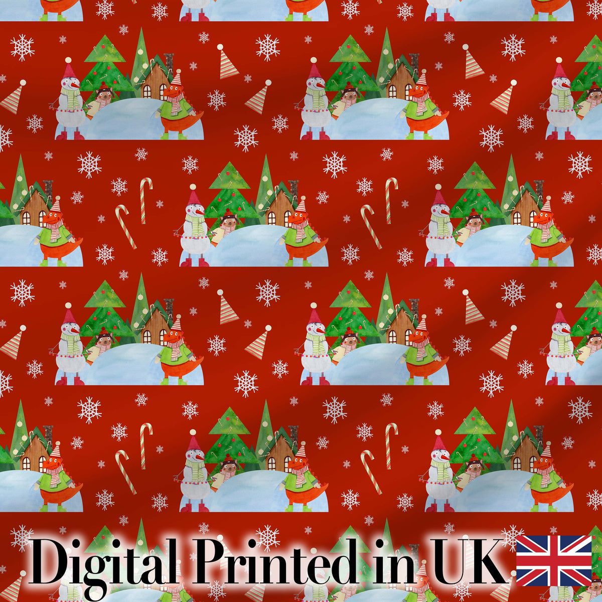 Cute Winter Snowman Bird Christmas Scene Red Seamless Pattern Digital Print Fabric by the Metre UK Sewing Quilting Textile