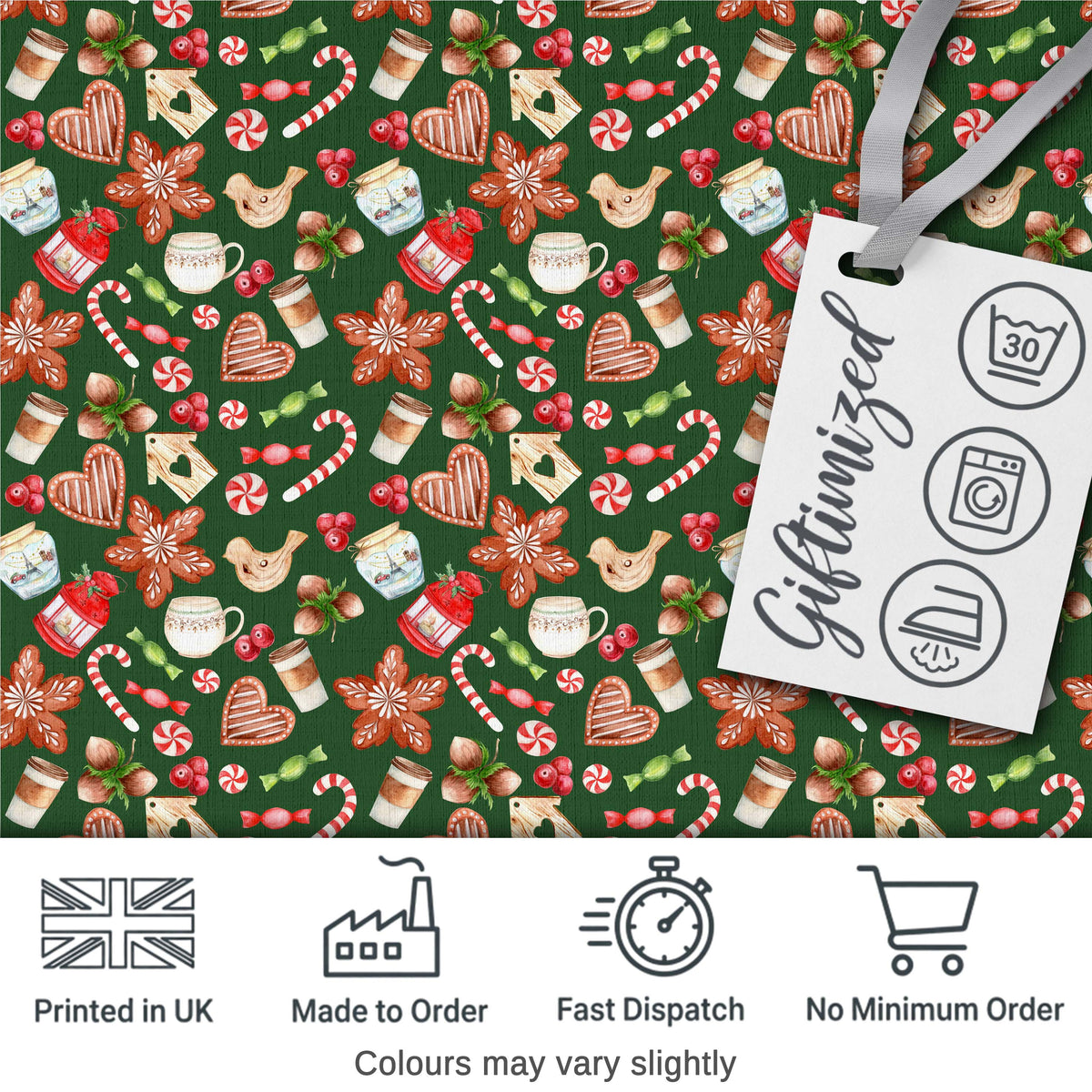 Watercolor Christmas Cookies Candy Cane Coffee Seamless Pattern Digital Print Fabric by the Metre UK Sewing Quilting Textile