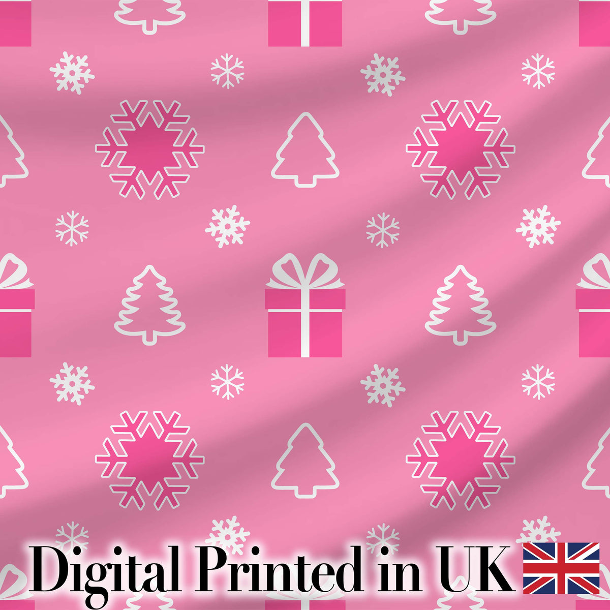 Cute Pink Christmas Snowflakes Trees Gift Box Seamless Pattern Digital Print Fabric by the Metre UK Sewing Quilting Textile