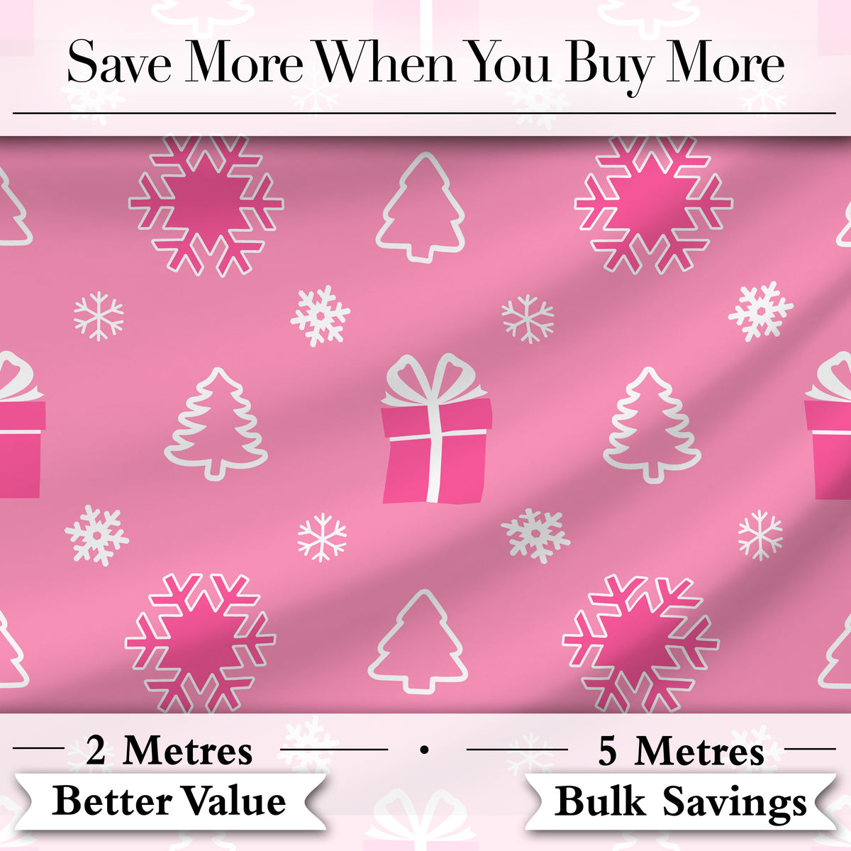 Cute Pink Christmas Snowflakes Trees Gift Box Seamless Pattern Digital Print Fabric by the Metre UK Sewing Quilting Textile