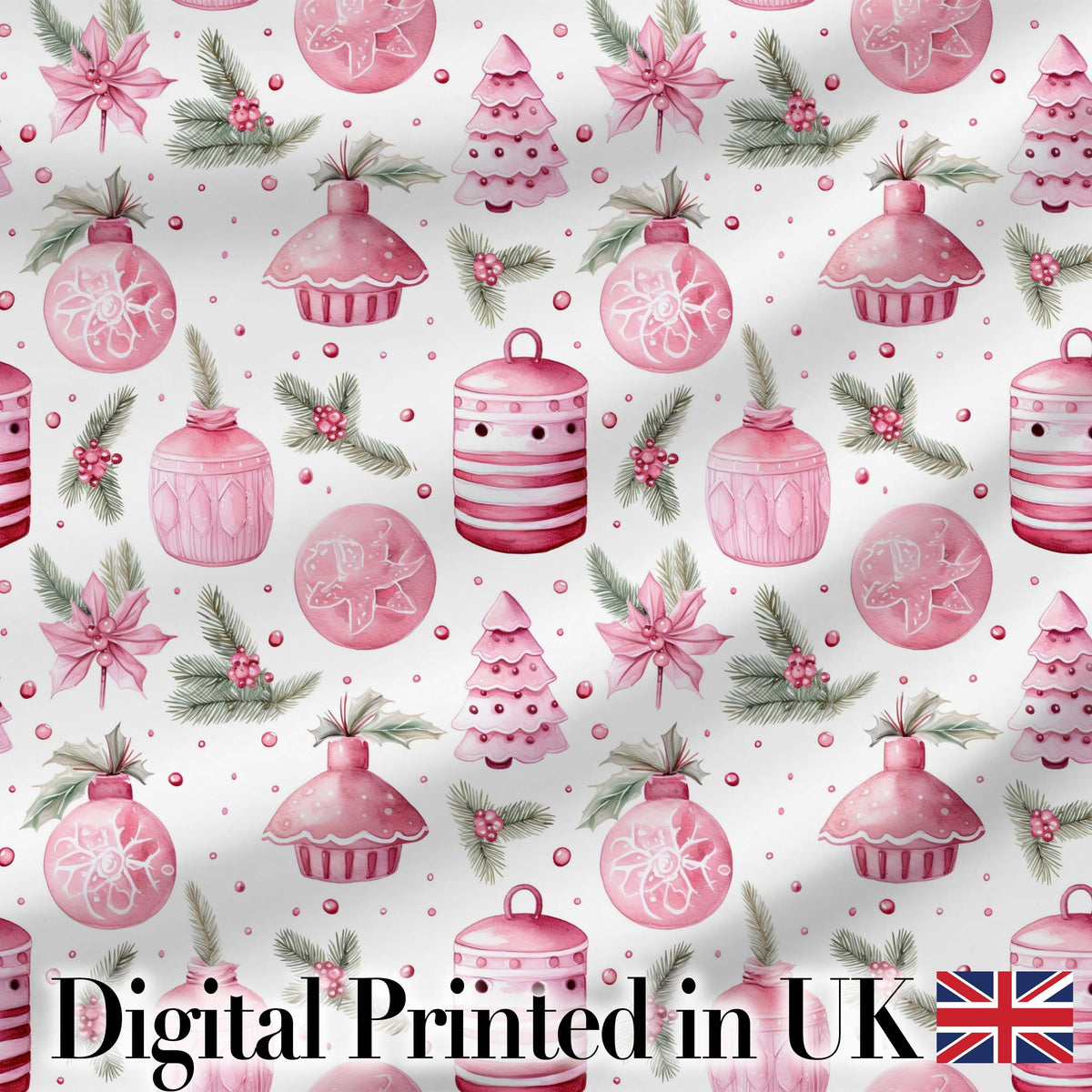 Watercolor Pink Christmas Ornaments Pine Berries Seamless Pattern Digital Print Fabric by the Metre UK Sewing Quilting Textile