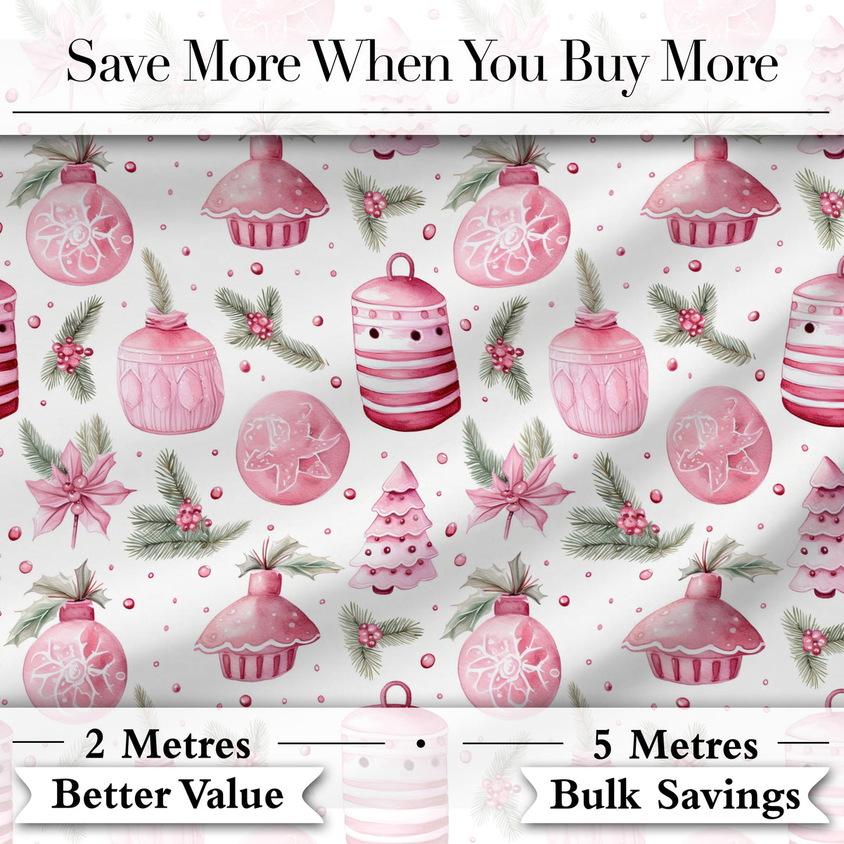 Watercolor Pink Christmas Ornaments Pine Berries Seamless Pattern Digital Print Fabric by the Metre UK Sewing Quilting Textile