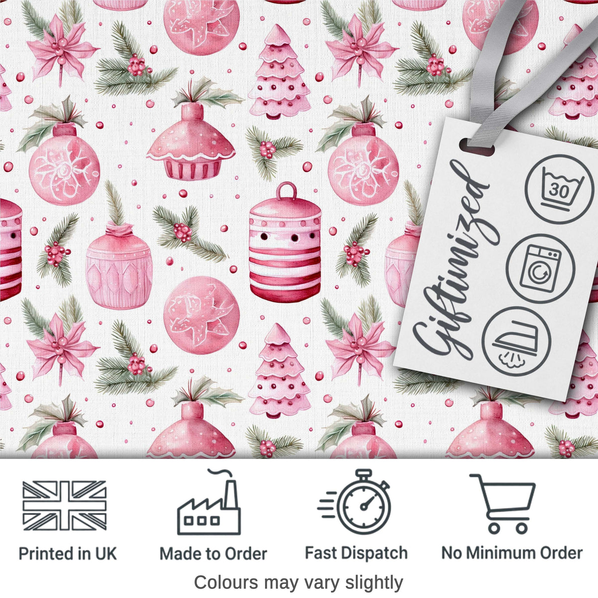 Watercolor Pink Christmas Ornaments Pine Berries Seamless Pattern Digital Print Fabric by the Metre UK Sewing Quilting Textile