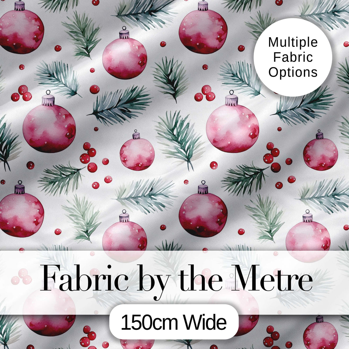 Watercolor Pink Christmas Baubles Pine Branch Berries Seamless Pattern Digital Print Fabric by the Metre UK Sewing Quilting Textile