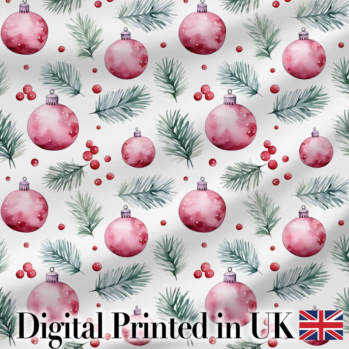 Watercolor Pink Christmas Baubles Pine Branch Berries Seamless Pattern Digital Print Fabric by the Metre UK Sewing Quilting Textile